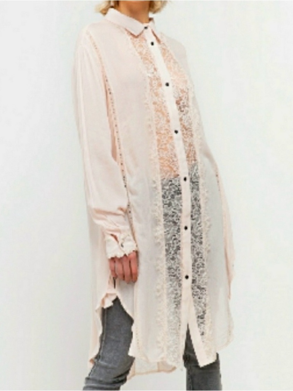 POL Lace Panel Long Button-Up Blouse Blush Pink